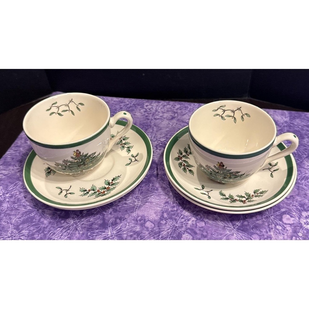 Spode Christmas Tree 2 Teacup Tea Cup & 4 Saucer Plate S3324 England Vintage